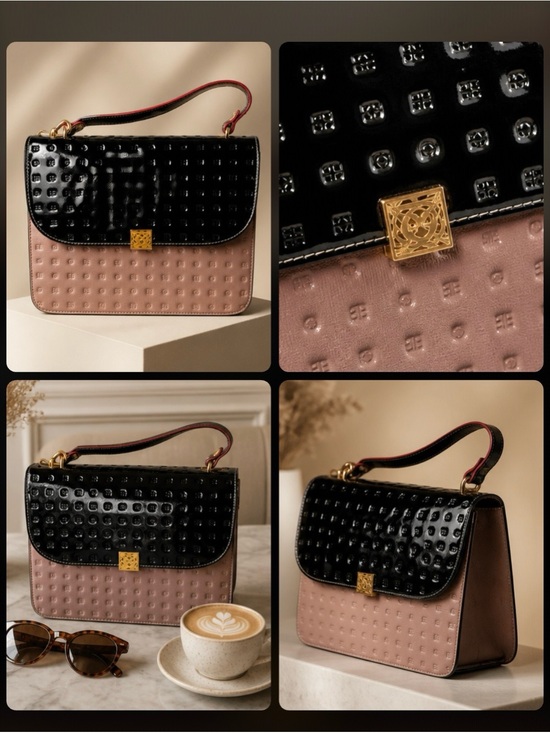 Arcadia Handbags - Arcadia Black and Taupe Two-Tone Patent Shoulder Bag with Gold Clasp